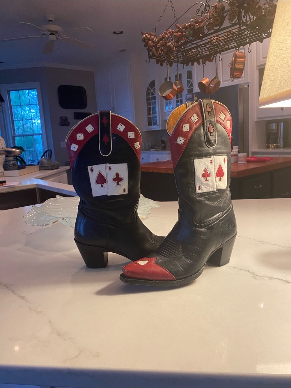 Bold Black and Red Women's Western Heeled Boots with Card Suit Accents